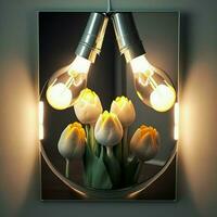 condimento camera, Là è un' specchio illuminato con tulipano lampadine. Questo idea aiuta per Salva energia come essi siamo energia efficiente elettrico lampadine, quale emettere luminosa leggero e fornire un' senso. ai generativo foto