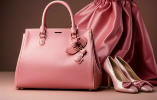 Abiti per un' moderno signora insieme con rosa colore giacca, Borsa, jeans, gioielleria, e scarpe, avvicinamento. ai generativo foto