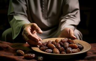 un' mezzo orientale uomo è preghiere durante Ramadan. lui mangia date e bevande acqua. ai generativo foto