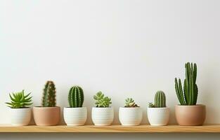 cactus impianti su un' bianca parete con un' legna ripiano. bandiera con copia spazio su il lato. ai generativo foto