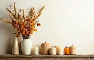 autunno decorazioni su un' legna mensola con un' bianca parete bandiera sfondo. color autunno candele e vasi, come bene come un' zucca sign.ai generativo foto