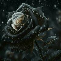 avvicinamento ritratto di un' nero rosa con bellissimo petali su un' pulito sfondo mentre nevicando. io non fare piace amore. ai generativo foto