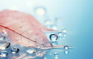 su un' blu e rosa sfondo, un' bicchiere con brillante acqua gocce vetrine un' trasparente scheletro foglia con bellissimo struttura nel un' avvicinamento macro sparo. ai generativo foto