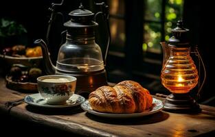 un' cherosene lampada e un' di legno tavolo con un' caffè e brioche per prima colazione nel rurale Italia. ai generativo foto