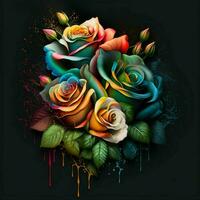 un' bellissimo mazzo di fragrante Rose spruzzato con fiore dipingere si siede contro un' scuro, color arcobaleno sfondo. il occhi siamo disegnato per il sbalorditivo Schermo di colori e profumi. ai generativo foto