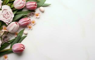 copia spazio su un' floreale bianca sfondo. tulipani, Rose, eucalipto, e eucalipto. primavera fiorisce. ai generativo foto
