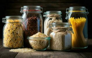 un assortimento di crudo cereali, cereali, e pasta siamo disposte nel bicchiere barattoli su un' di legno tavolo, promozione salutare cucinando e pulito mangiare mentre riducendo sciupare. ai generativo foto