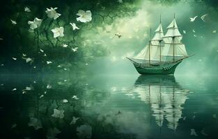 su un' verde sfondo, Là è un astratto artistico Immagine di un' nave nel il acqua di un' lago. un' bianca, trasparente foglia può essere visto su il specchio superficie di il acqua, con un' riflessione. ai generativo foto