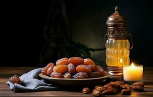 tavolo Immagine di Ramadan kareem decorazione, date frutta, aladdin lampada, e rosario perline su buio pietra sfondo. copia spazio nel un' piatto posizione. ai generativo foto