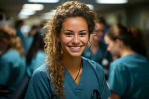 giovane assistenza infermieristica alunno in piedi nel davanti di sua squadra, creato con generativo ai foto