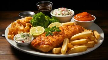 grigliato salmone con francese patatine fritte, tartaro salsa e prezzemolo. ai generato. foto