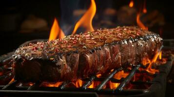 grigliato Manzo bistecche con erbe aromatiche e spezie su un' barbecue griglia. ai generato. foto