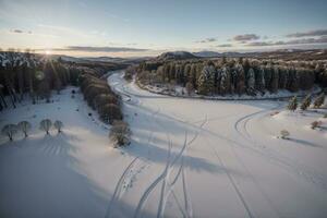 maestoso inverno Paese delle meraviglie aereo Visualizza di nevoso foresta e fiume a tramonto. ai generato. foto