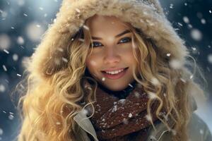 ai generato ritratto di bellissimo giovane donna in piedi sotto il neve a inverno tempo foto