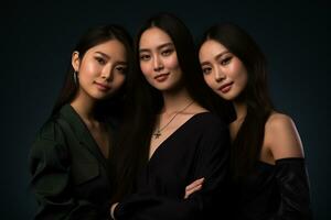 ai generato studio ritratto di tre pochi bellissimo giovane donna in piedi insieme nel abbraccio su diverso colore sfondo foto
