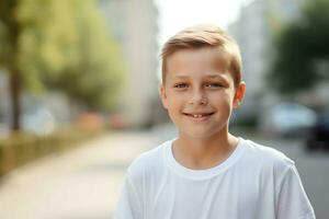 sorridente ragazzo in posa su strada. creare ai foto