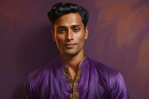 ai generato studio ritratto di bello indiano uomo su colore sfondo foto