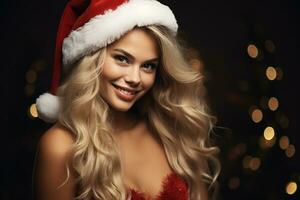 ai generato ritratto di bellissimo sorridente donna nel Santa Claus indossare foto