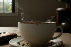un' travolgente vicino su cottura a vapore tazza di tè di jane fabbro. ai generato. foto