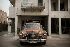 nostalgico bellezza un' Vintage ▾ ispirato fotografia di un' retrò auto e vecchio costruzione. ai generato. foto