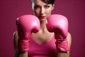 donne combattente Seno cancro con rosa boxe guanto. generativo ai foto