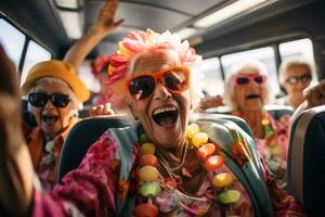 gli anziani godendo cura viaggio escursione con persone avendo divertimento su tavola di un' comodo autobus. generativo ai foto