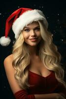 ai generato ritratto di bellissimo sorridente donna nel Santa Claus indossare foto