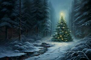 ai generato Immagine di Natale celebrazione albero nel moderno e classico design nel il strada e natura e interno foto
