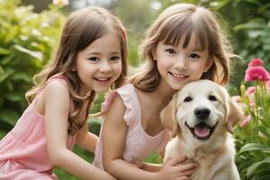 un incantevole scena di bambini e cani giocando. ai generativo foto