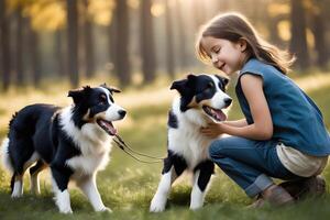 un incantevole scena di bambini e cani giocando. ai generativo foto