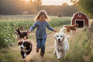 un incantevole scena di bambini e cani giocando. ai generativo foto