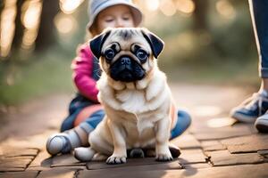 un incantevole scena di bambini e cani giocando. ai generativo foto