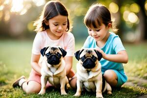 un incantevole scena di bambini e cani giocando. ai generativo foto