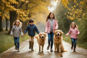 un incantevole scena di bambini e cani giocando. ai generativo foto