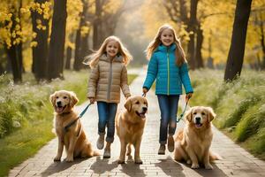 un incantevole scena di bambini e cani giocando. ai generativo foto