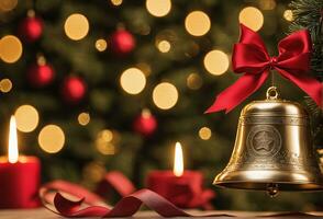 Natale celebrazione con decorato sfera, campana, e albero. ai generativo foto