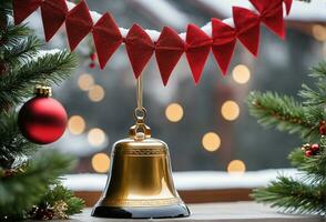 Natale celebrazione con decorato sfera, campana, e albero. ai generativo foto