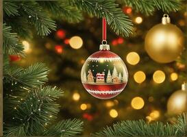 Natale celebrazione con decorato sfera, campana, e albero. ai generativo foto