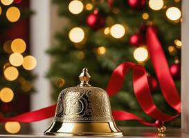 Natale celebrazione con decorato sfera, campana, e albero. ai generativo foto