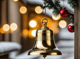 Natale celebrazione con decorato sfera, campana, e albero. ai generativo foto