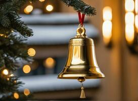 Natale celebrazione con decorato sfera, campana, e albero. ai generativo foto