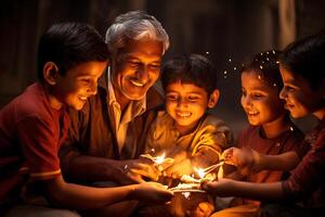 indiano Diwali festeggiare con diya illuminazione. famiglia, ragazze, bambini tutti contento momenti. ai generativo foto