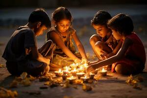 indiano Diwali festeggiare con diya illuminazione. famiglia, ragazze, bambini tutti contento momenti. ai generativo foto