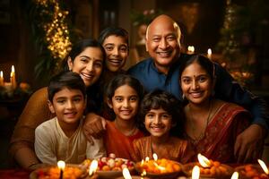 indiano Diwali festeggiare con diya illuminazione. famiglia, ragazze, bambini tutti contento momenti. ai generativo foto