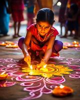 indiano Diwali festeggiare con diya illuminazione. famiglia, ragazze, bambini tutti contento momenti. ai generativo foto