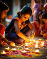 indiano Diwali festeggiare con diya illuminazione. famiglia, ragazze, bambini tutti contento momenti. ai generativo foto