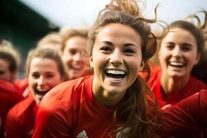 spagnolo femmina calcio giocatore festeggiare un' vittoria. ai generativo foto