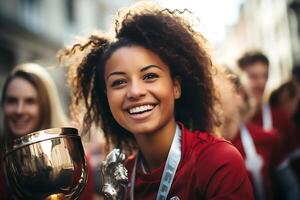 spagnolo femmina calcio giocatore festeggiare un' vittoria. ai generativo foto