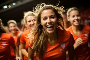 spagnolo femmina calcio giocatore festeggiare un' vittoria. ai generativo foto