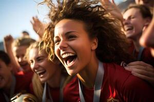 spagnolo femmina calcio giocatore festeggiare un' vittoria. ai generativo foto